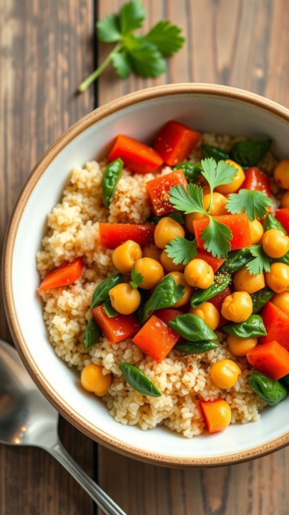 Spiced Quinoa Curry Bowl A colorful quinoa curry bowl with bell peppers, spinach, and chickpeas, garnished with cilantro on a wooden table.
